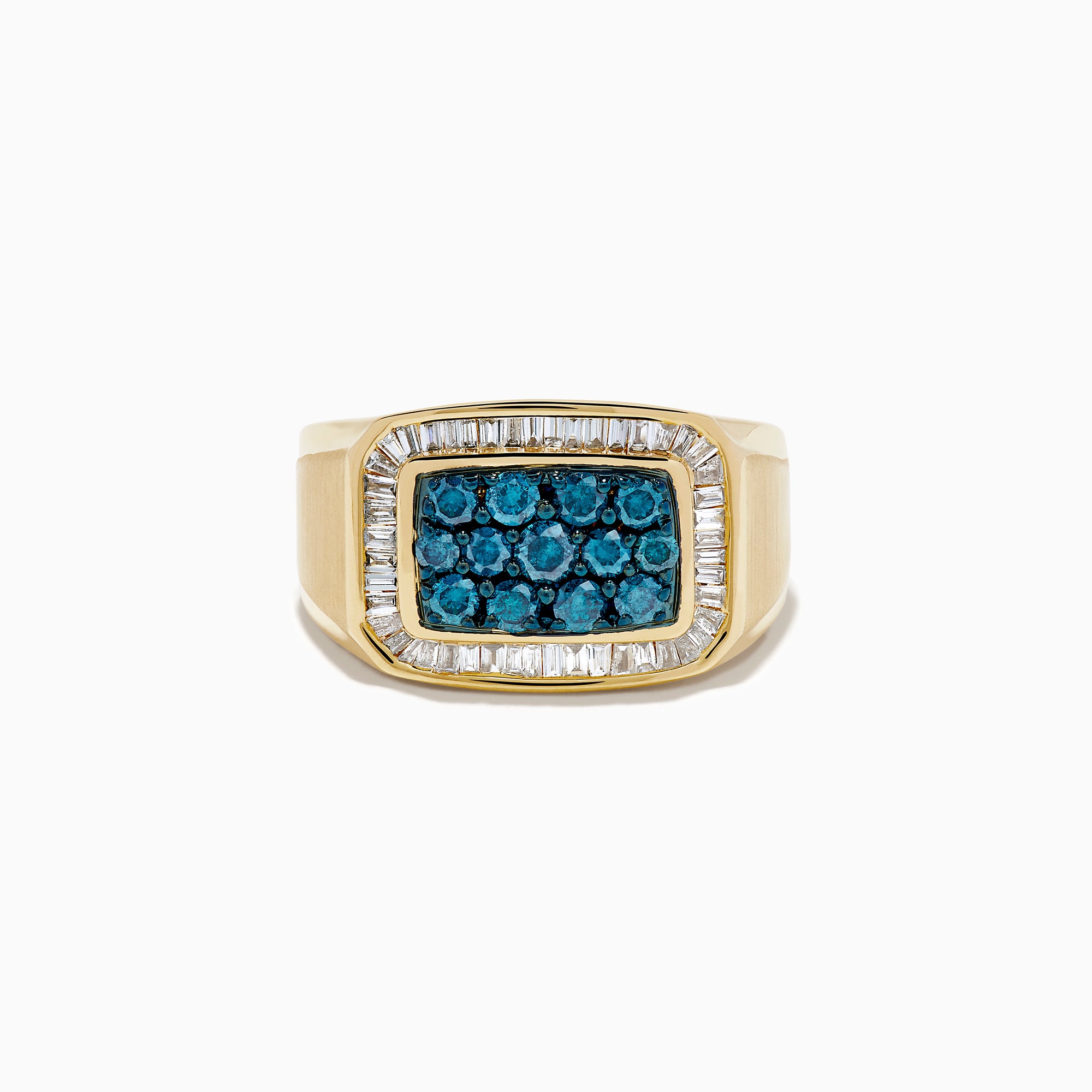 The Men's 14K Yellow Gold Blue Diamond Signet Ring features a rectangular face with clustered blue gems, framed by a baguette-cut white diamond halo.