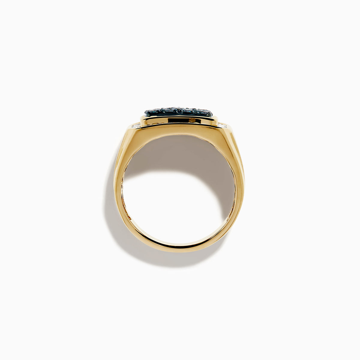 The Men's 14K Yellow Gold Blue Diamond Signet Ring features a rectangular face with clustered blue gems, framed by a baguette-cut white diamond halo.