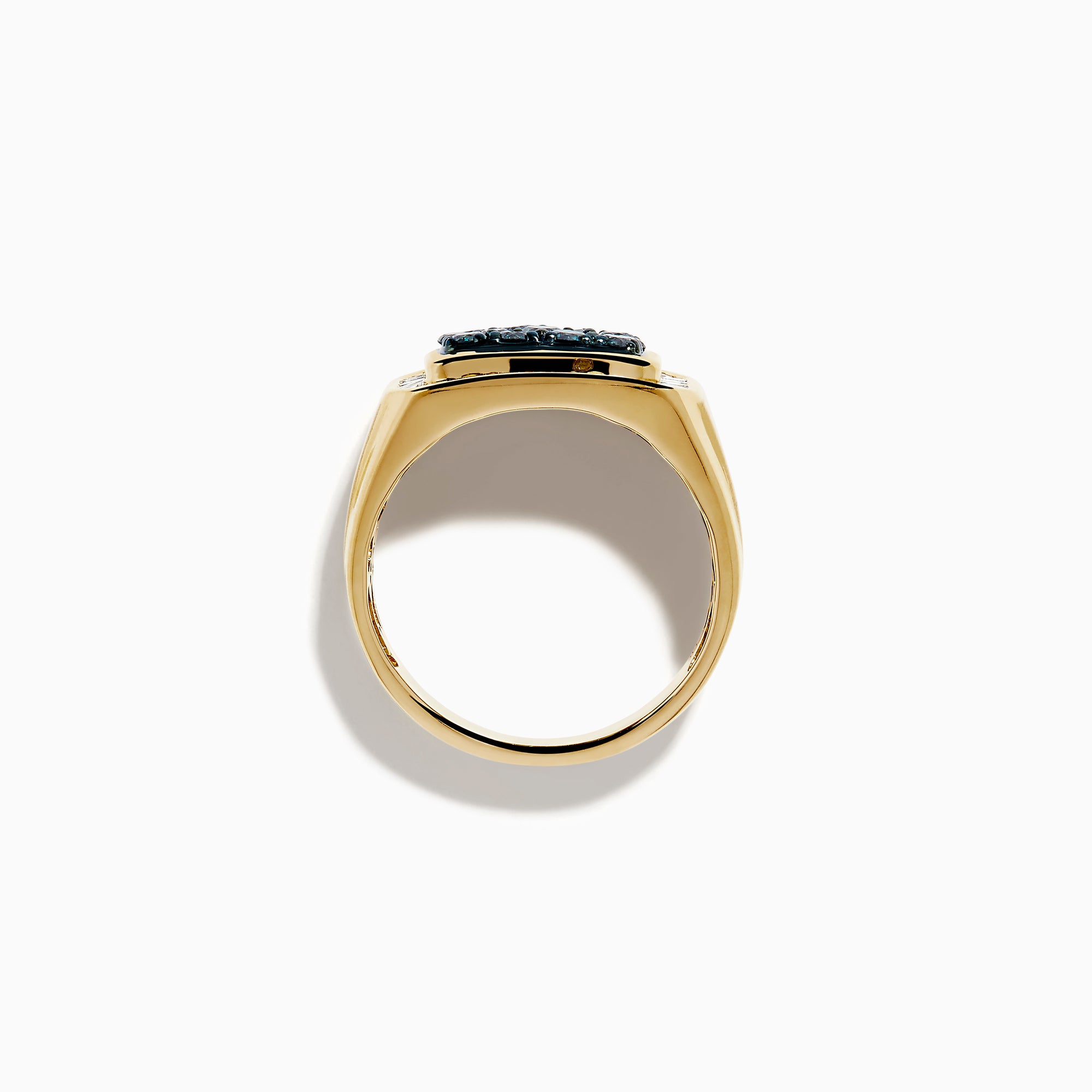 The Men's 14K Yellow Gold Blue Diamond Signet Ring features a rectangular face with clustered blue gems, framed by a baguette-cut white diamond halo.
