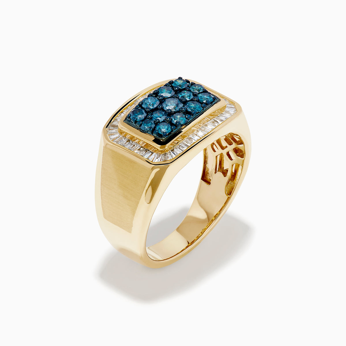 The Men's 14K Yellow Gold Blue Diamond Signet Ring features a rectangular face with clustered blue gems, framed by a baguette-cut white diamond halo.