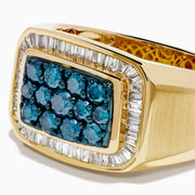 The Men's 14K Yellow Gold Blue Diamond Signet Ring features a rectangular face with clustered blue gems, framed by a baguette-cut white diamond halo.