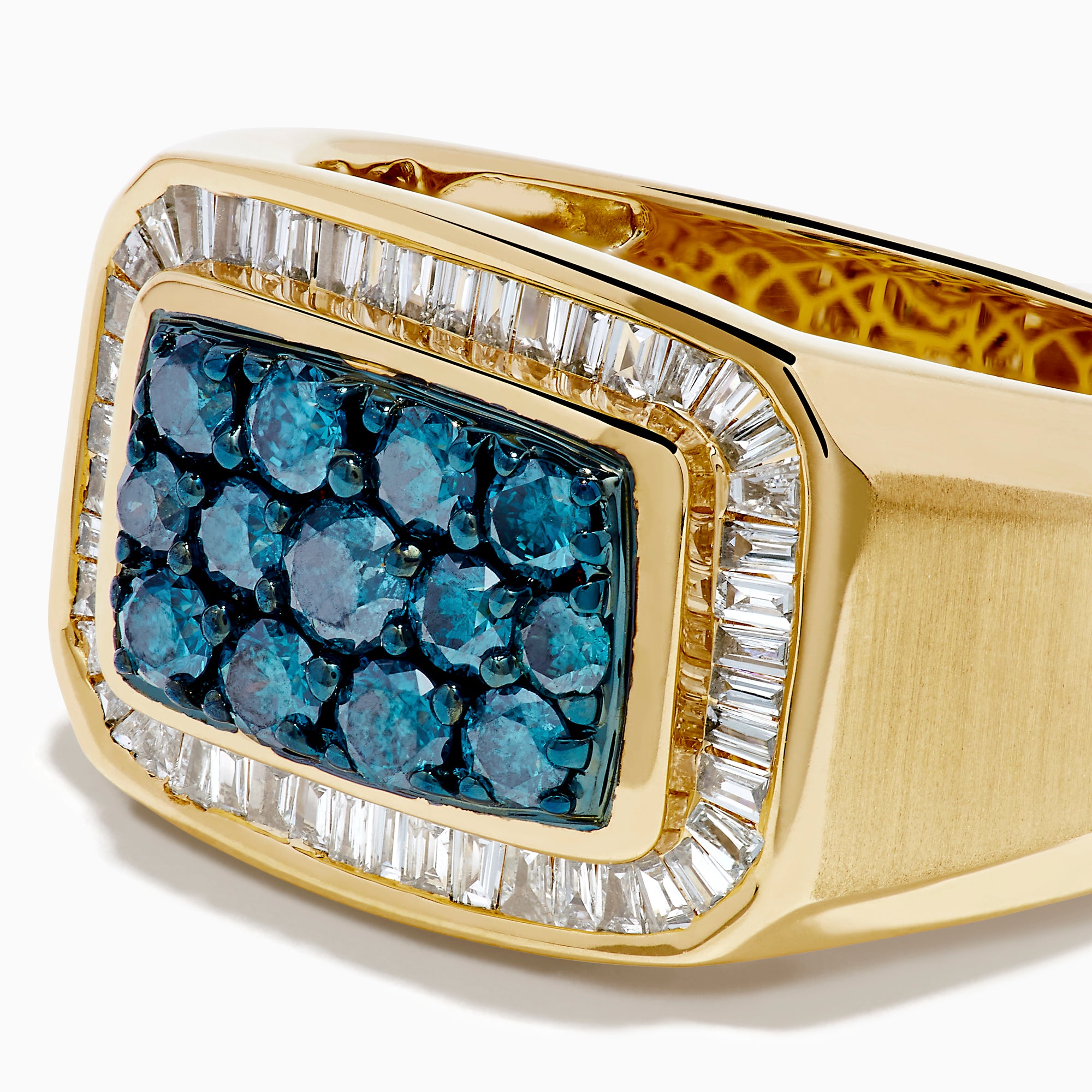 The Men's 14K Yellow Gold Blue Diamond Signet Ring features a rectangular face with clustered blue gems, framed by a baguette-cut white diamond halo.
