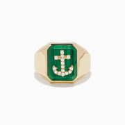 The Men's 14K Yellow Gold Malachite and Diamond Anchor Ring features a rectangular green malachite stone with a diamond-studded anchor at the center, smooth angular edges, and a polished finish.