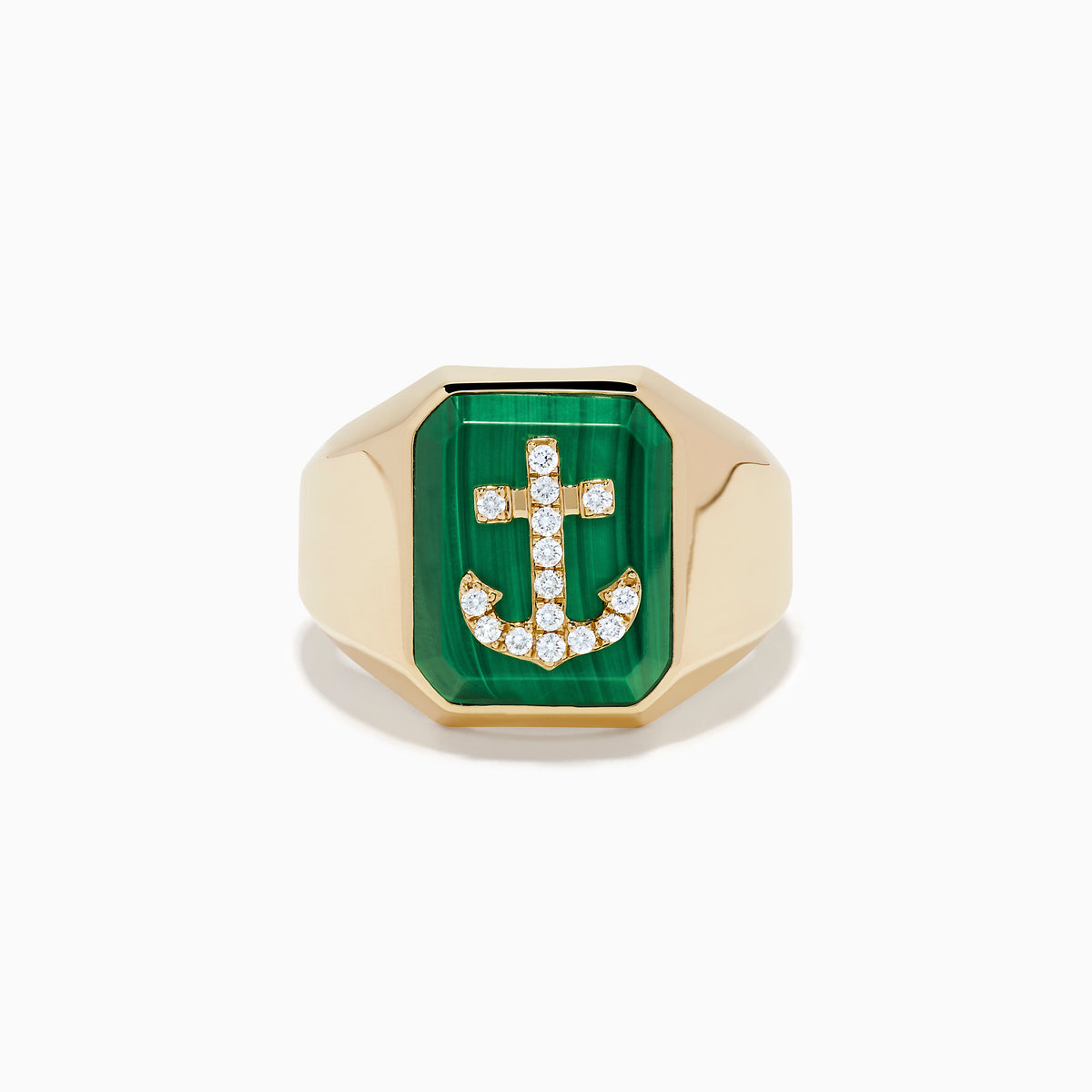 The Men's 14K Yellow Gold Malachite and Diamond Anchor Ring features a rectangular green malachite stone with a diamond-studded anchor at the center, smooth angular edges, and a polished finish.
