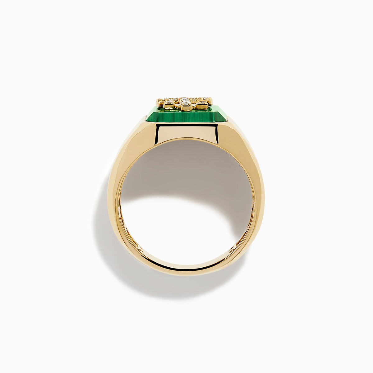 The Men's 14K Yellow Gold Malachite and Diamond Anchor Ring features a rectangular green malachite stone with a diamond-studded anchor at the center, smooth angular edges, and a polished finish.