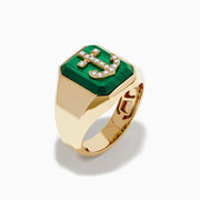 The Men's 14K Yellow Gold Malachite and Diamond Anchor Ring features a rectangular green malachite stone with a diamond-studded anchor at the center, smooth angular edges, and a polished finish.