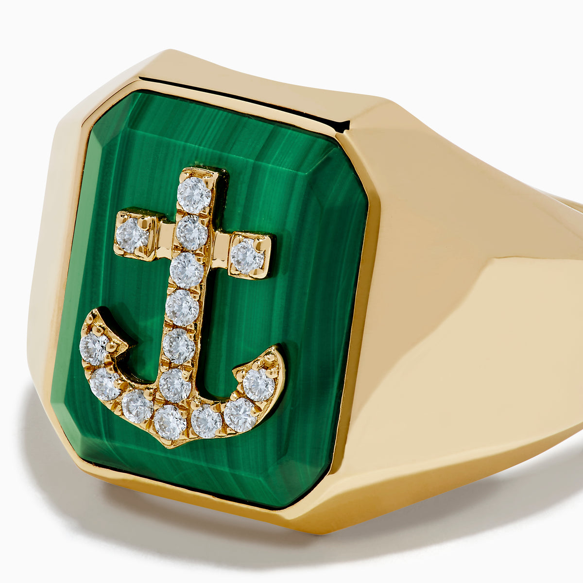 The Men's 14K Yellow Gold Malachite and Diamond Anchor Ring features a rectangular green malachite stone with a diamond-studded anchor at the center, smooth angular edges, and a polished finish.