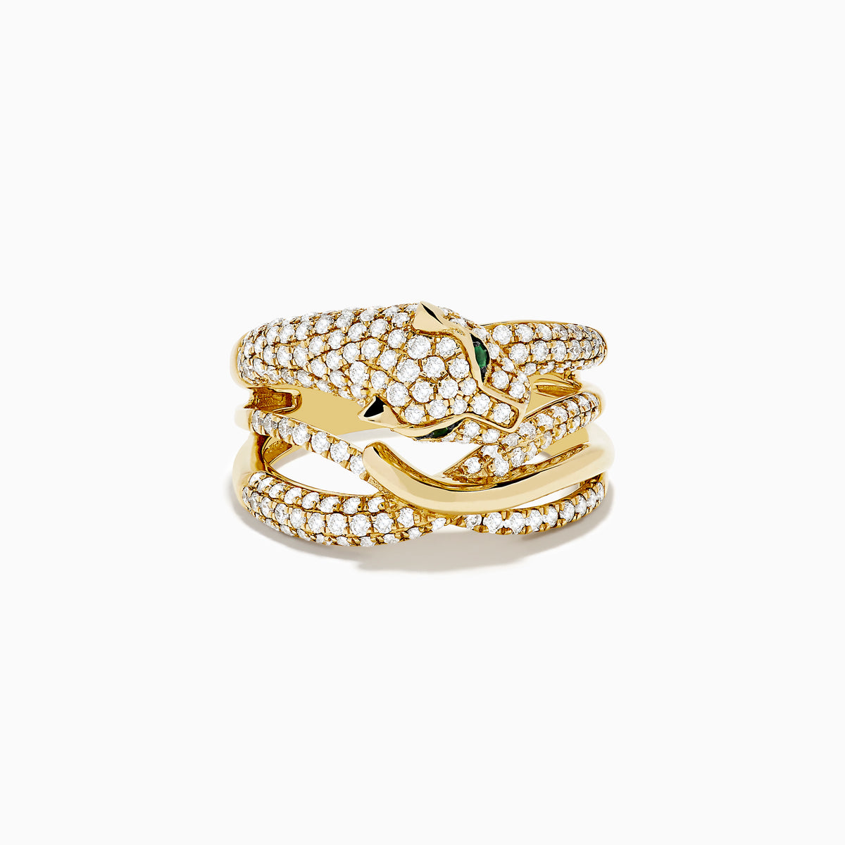 Signature 14K Yellow Gold Diamond and Emerald Panther Crossover Ring, crafted from 14K yellow gold with diamonds and emerald eyes, displayed against a white background.