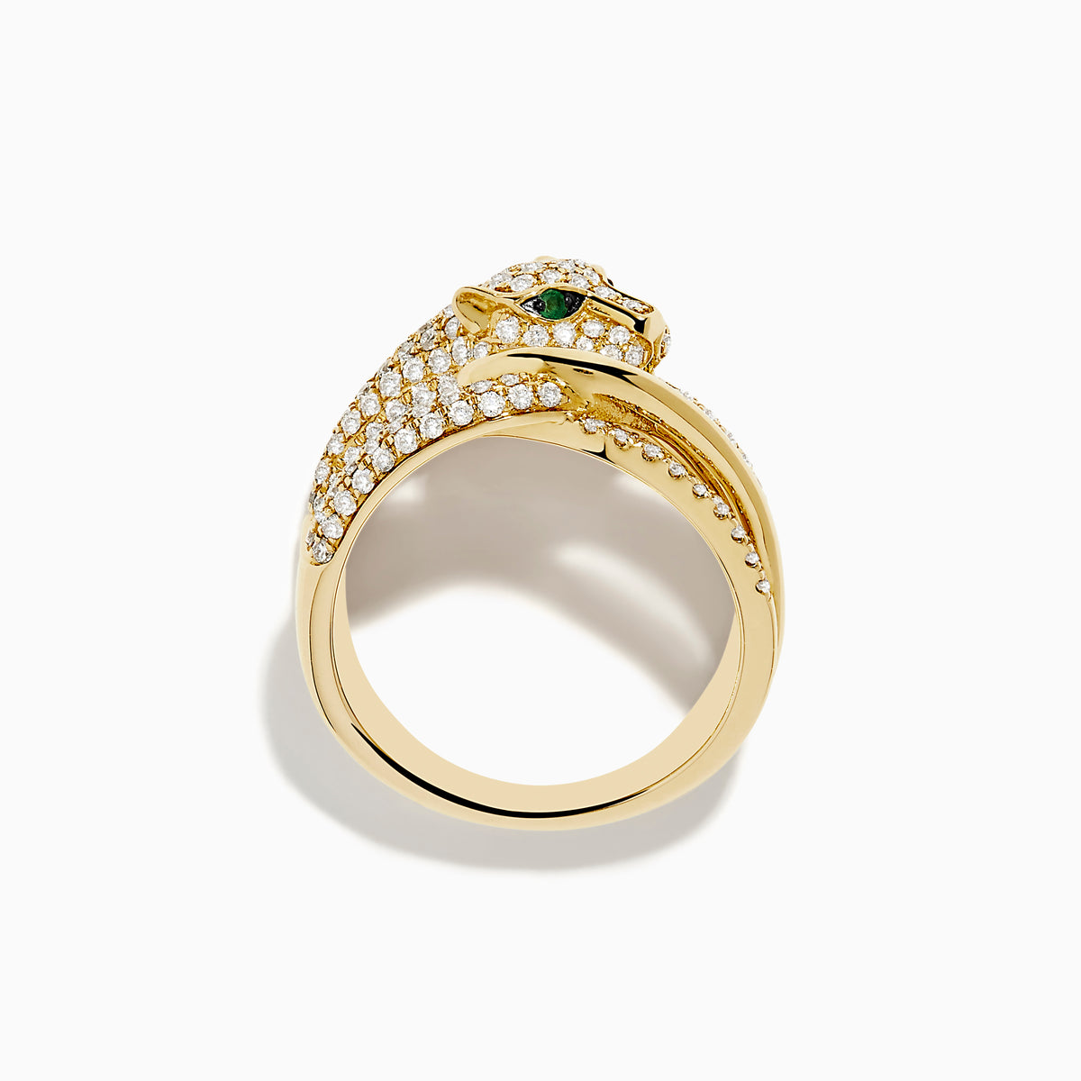 Signature 14K Yellow Gold Diamond and Emerald Panther Crossover Ring, crafted from 14K yellow gold with diamonds and emerald eyes, displayed against a white background.