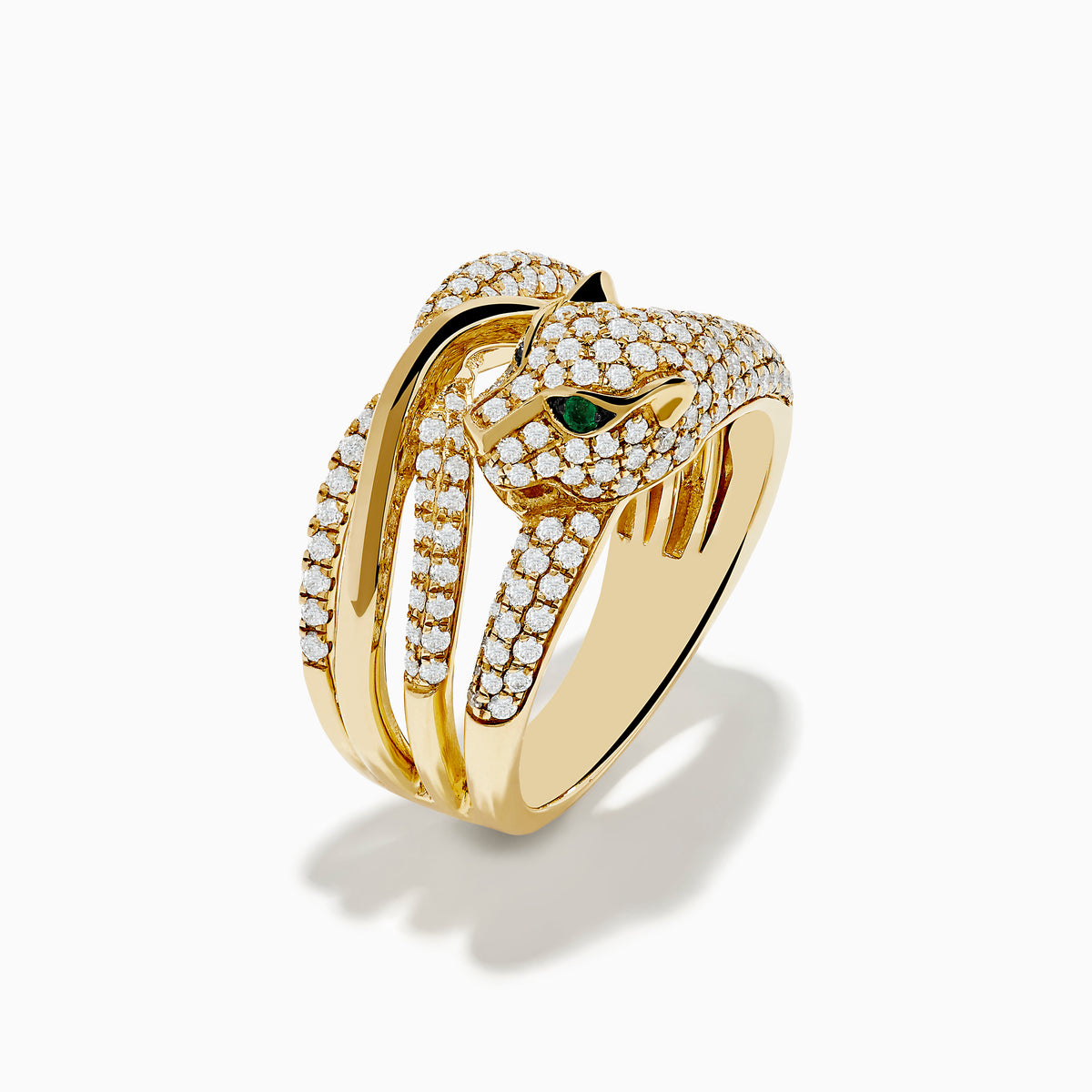 Signature 14K Yellow Gold Diamond and Emerald Panther Crossover Ring, crafted from 14K yellow gold with diamonds and emerald eyes, displayed against a white background.