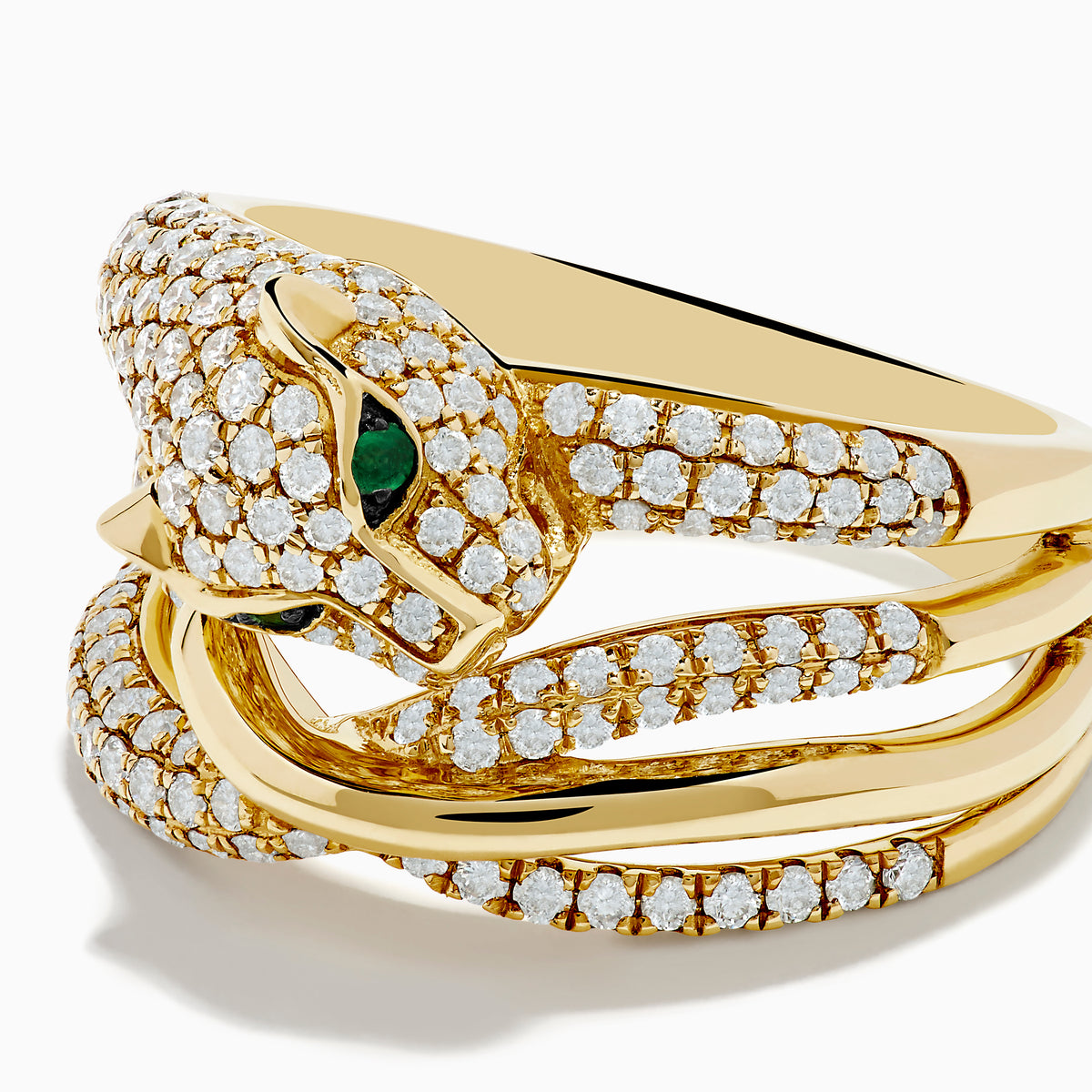 Signature 14K Yellow Gold Diamond and Emerald Panther Crossover Ring, crafted from 14K yellow gold with diamonds and emerald eyes, displayed against a white background.