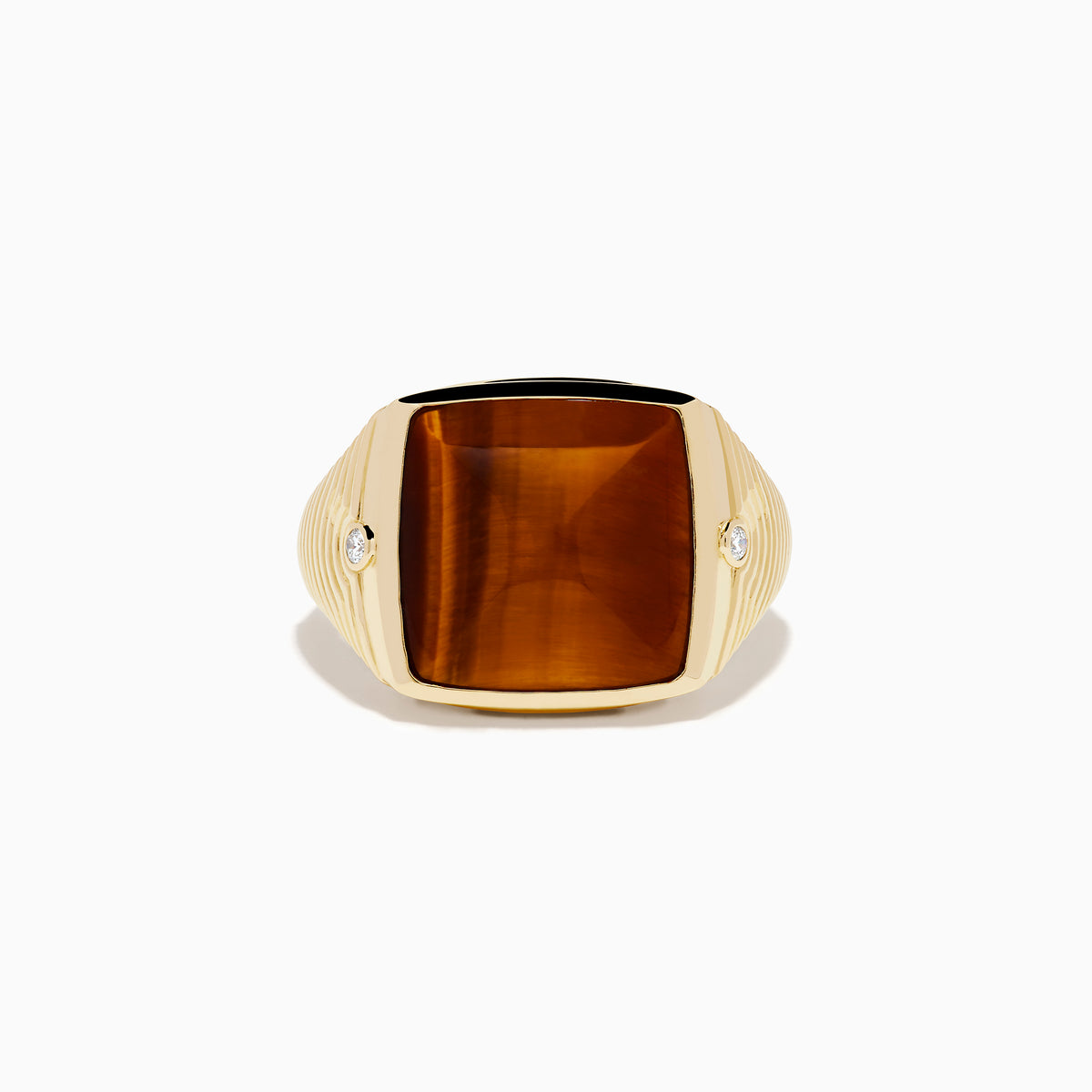 Men's 14K Yellow Gold Tigers Eye and Diamond Ribbed Signet Ring
