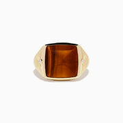 Men's 14K Yellow Gold Tigers Eye and Diamond Ribbed Signet Ring