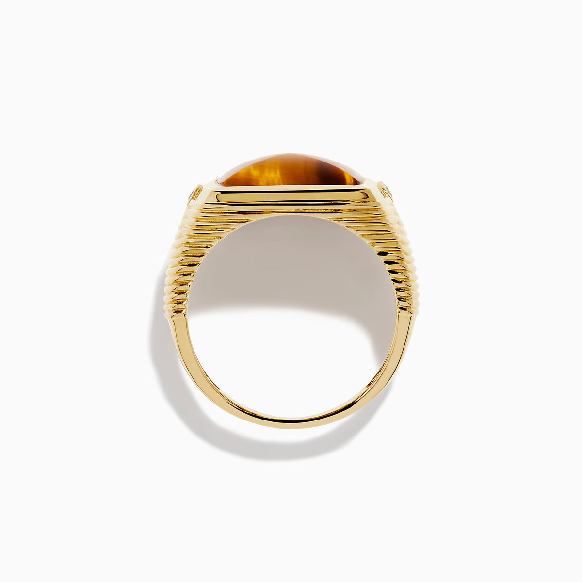 Men's 14K Yellow Gold Tigers Eye and Diamond Ribbed Signet Ring