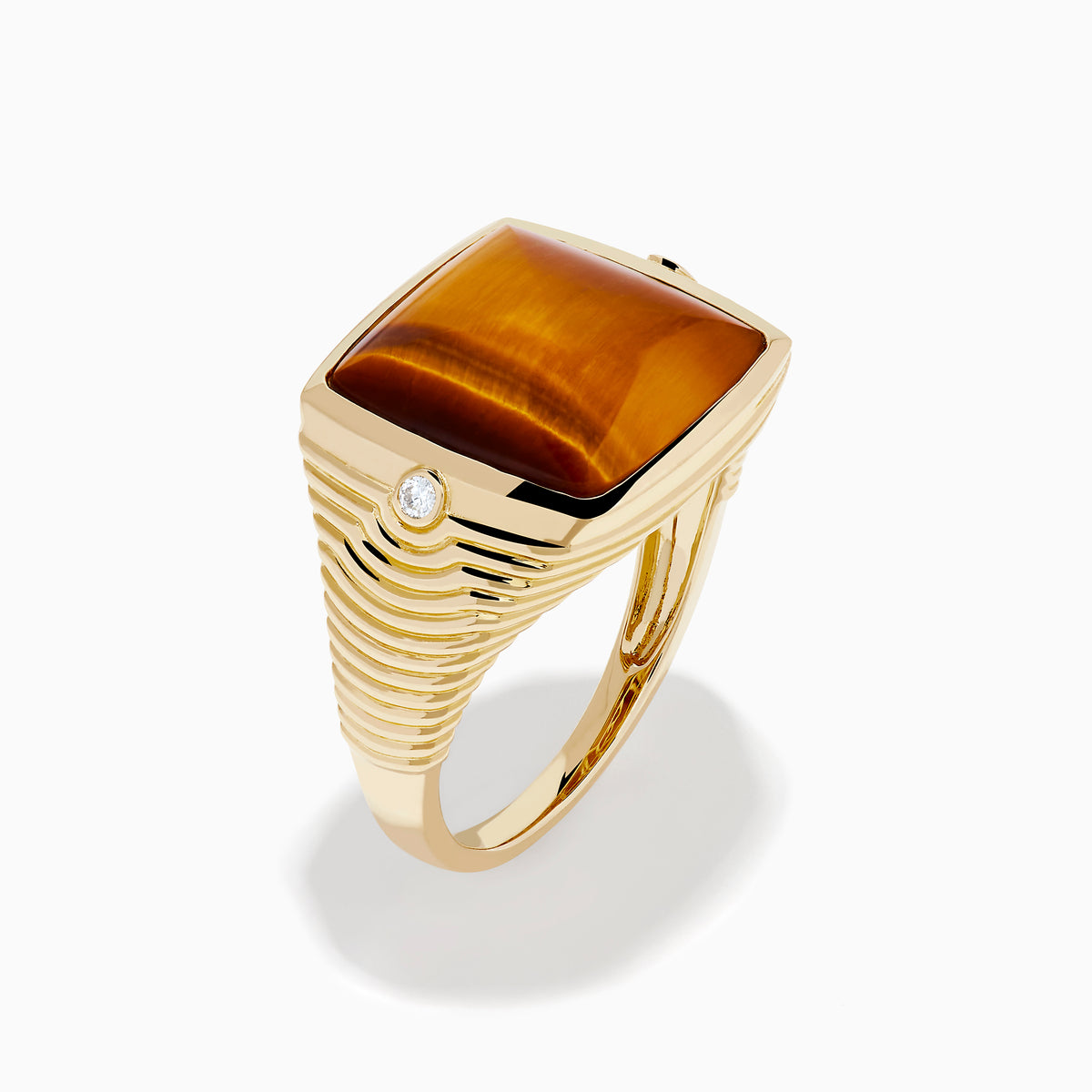 Men's 14K Yellow Gold Tigers Eye and Diamond Ribbed Signet Ring