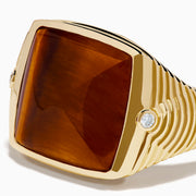 Men's 14K Yellow Gold Tigers Eye and Diamond Ribbed Signet Ring