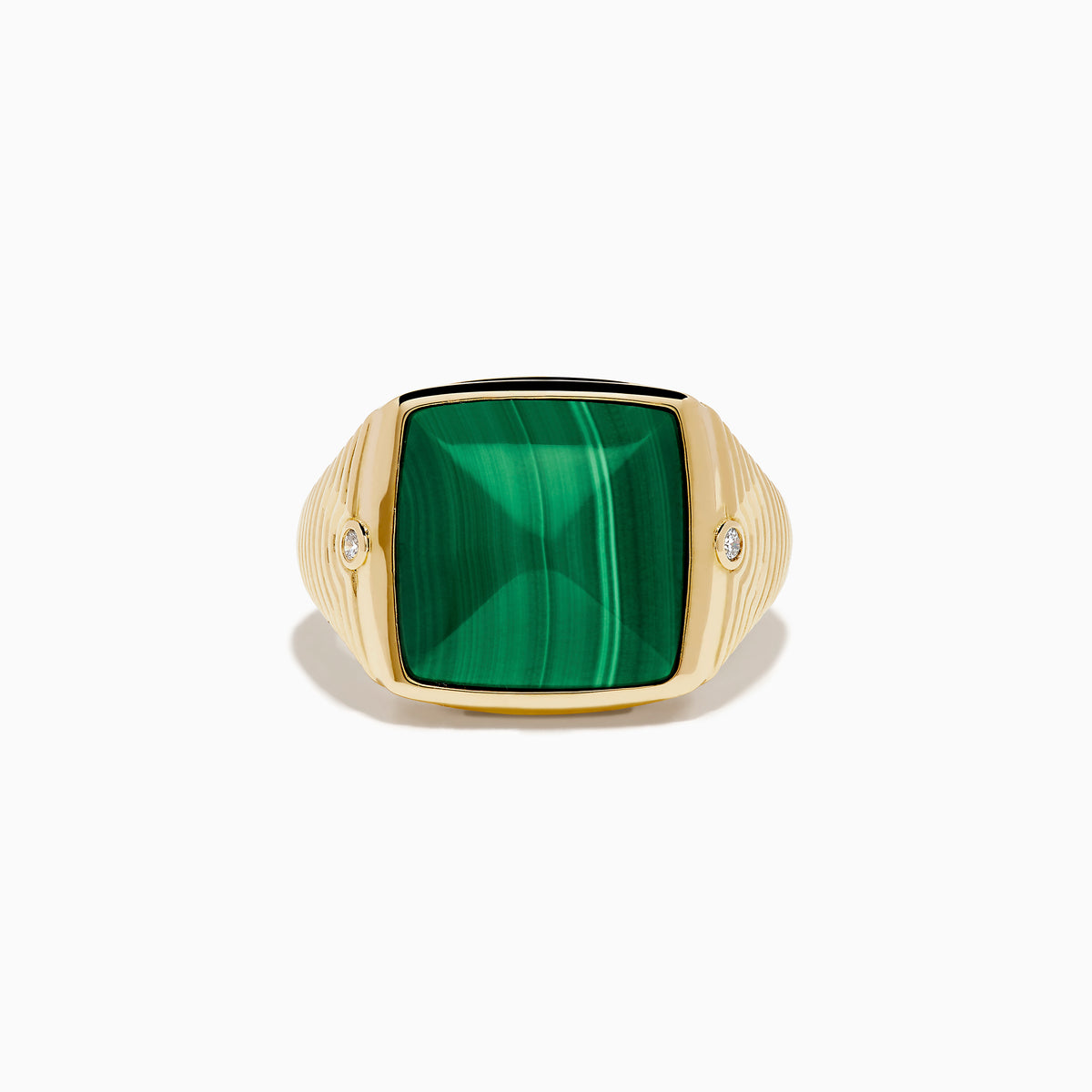 Men's 14K yellow gold ring featuring a large square malachite with natural striations, accented by small round diamonds on each side, shown against a white background.
