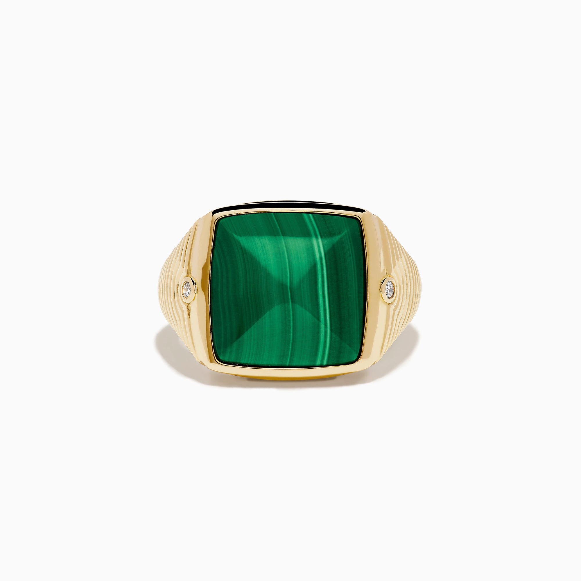 Men's 14K yellow gold ring featuring a large square malachite with natural striations, accented by small round diamonds on each side, shown against a white background.