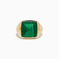 Men's 14K yellow gold ring featuring a large square malachite with natural striations, accented by small round diamonds on each side, shown against a white background.
