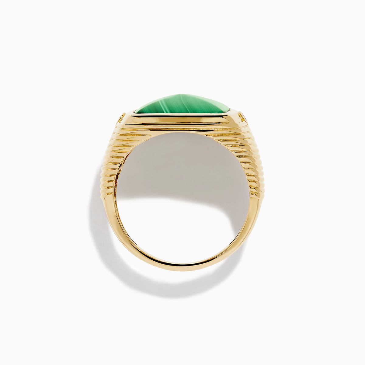 Men's 14K yellow gold ring featuring a large square malachite with natural striations, accented by small round diamonds on each side, shown against a white background.