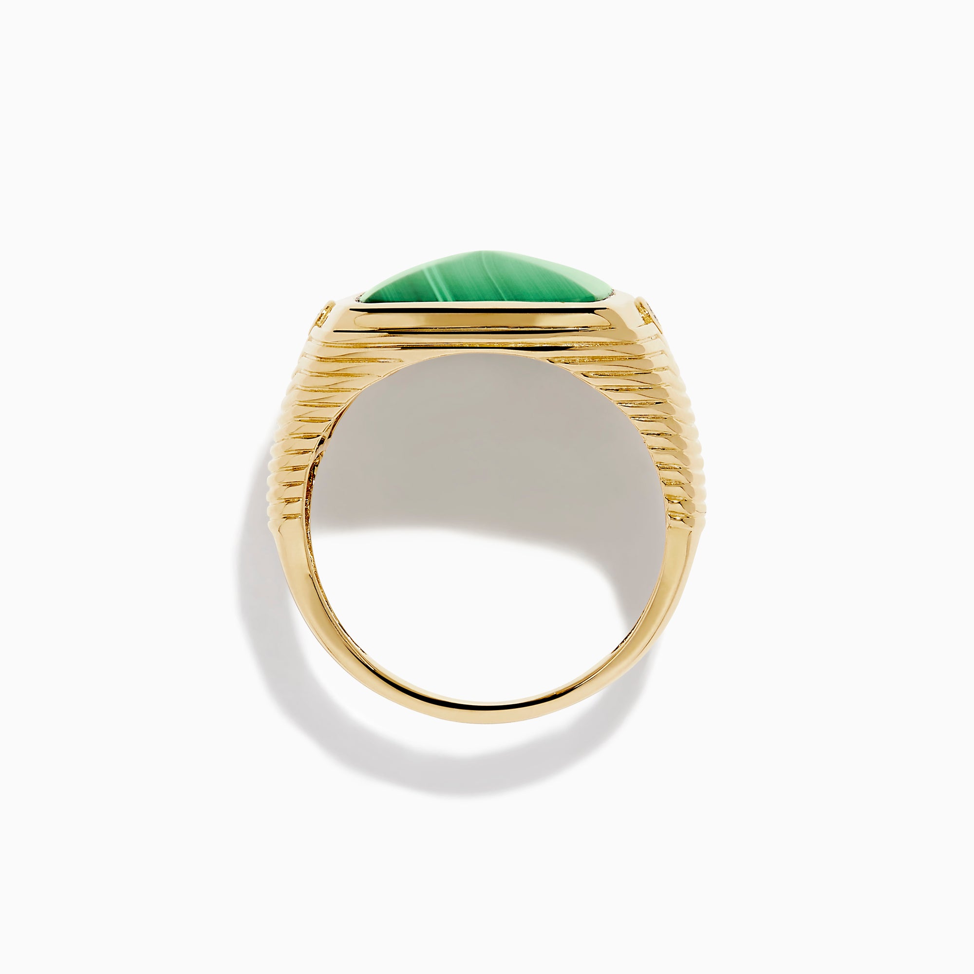 Men's 14K yellow gold ring featuring a large square malachite with natural striations, accented by small round diamonds on each side, shown against a white background.