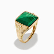 Men's 14K yellow gold ring featuring a large square malachite with natural striations, accented by small round diamonds on each side, shown against a white background.
