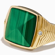 Men's 14K yellow gold ring featuring a large square malachite with natural striations, accented by small round diamonds on each side, shown against a white background.