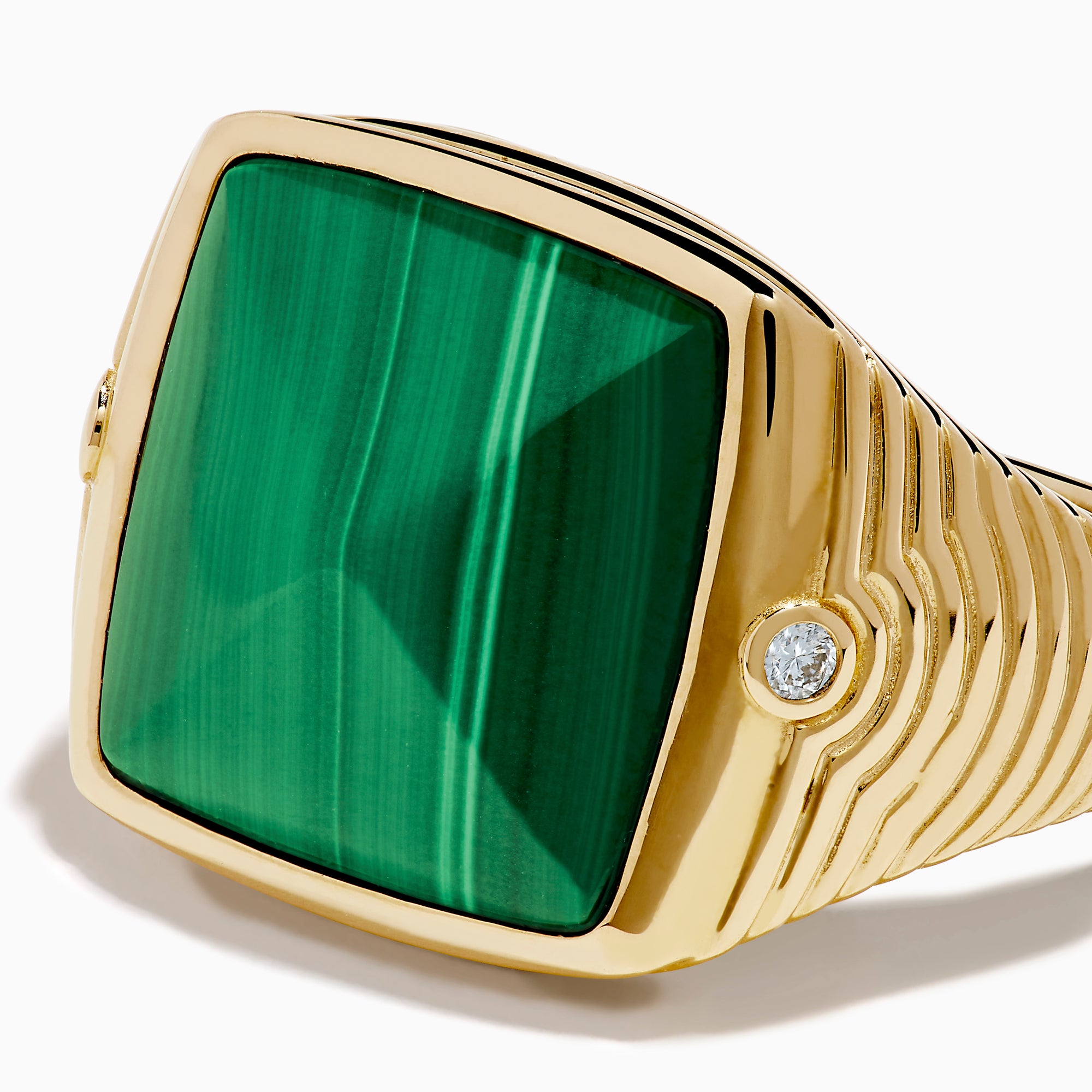 Men's 14K yellow gold ring featuring a large square malachite with natural striations, accented by small round diamonds on each side, shown against a white background.
