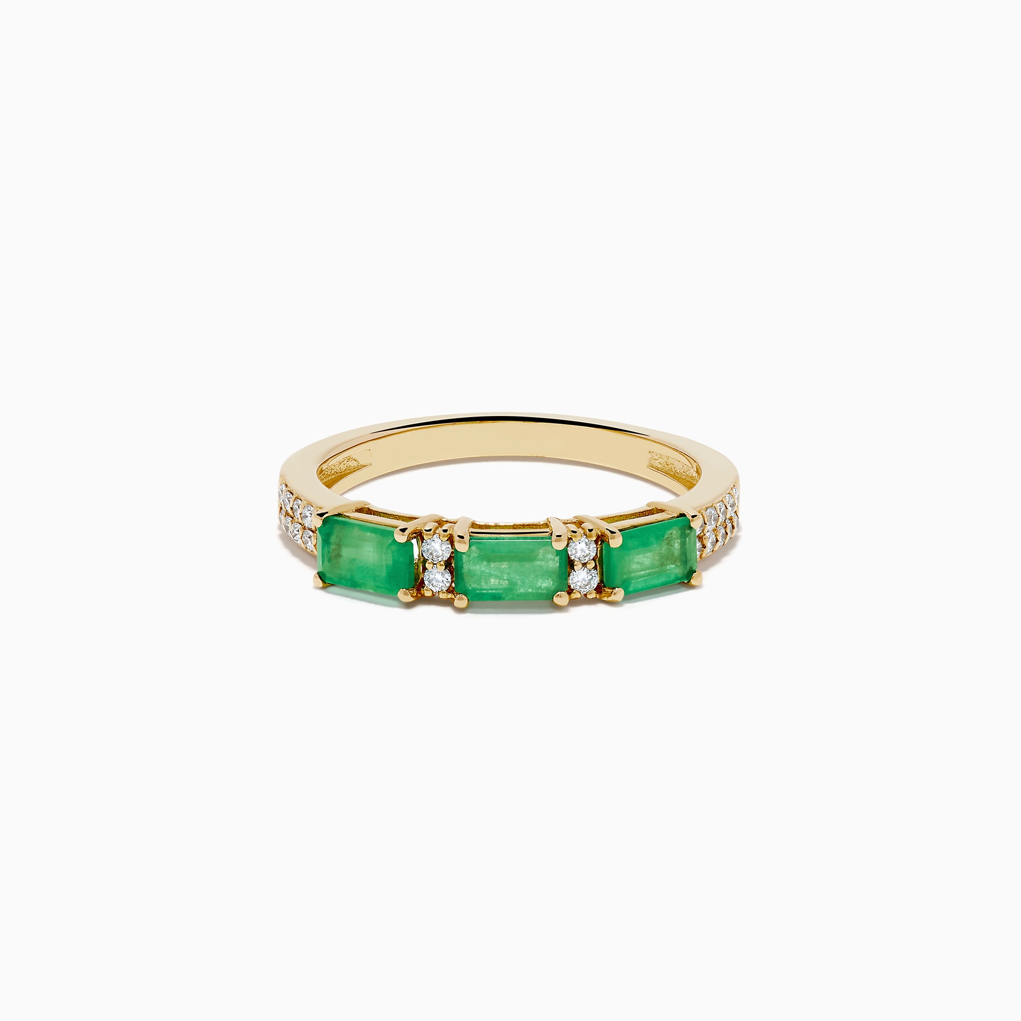 The 14K Yellow Gold Emerald and Diamond Band showcases three rectangular green emeralds set horizontally, each separated by small round diamonds, with extra diamond accents on the sides.