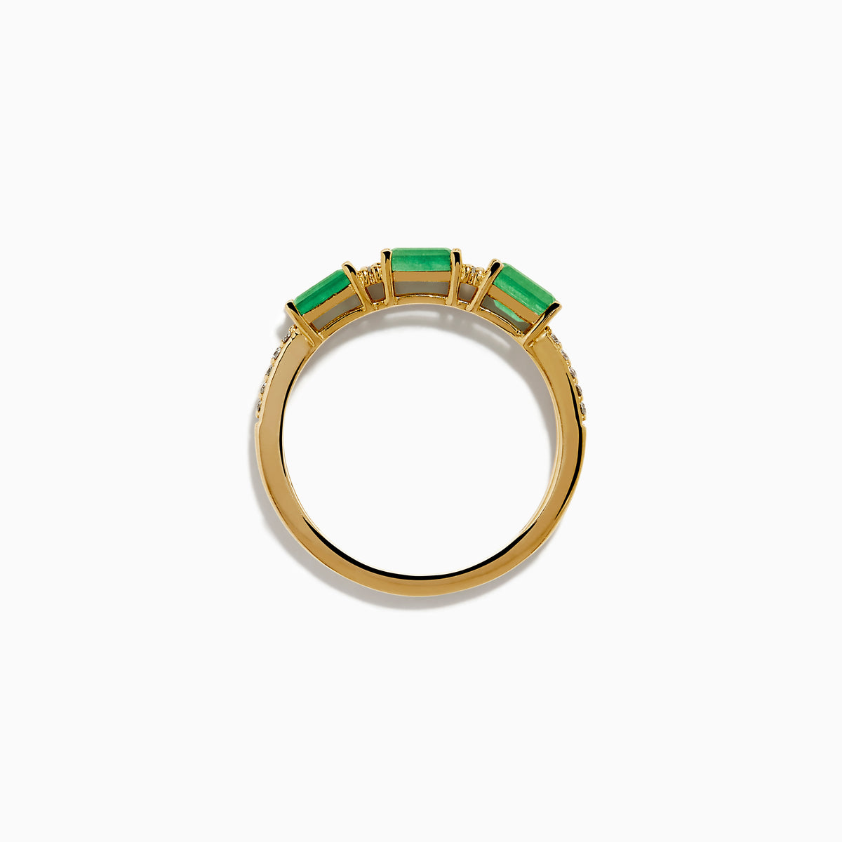 The 14K Yellow Gold Emerald and Diamond Band showcases three rectangular green emeralds set horizontally, each separated by small round diamonds, with extra diamond accents on the sides.