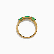 The 14K Yellow Gold Emerald and Diamond Band showcases three rectangular green emeralds set horizontally, each separated by small round diamonds, with extra diamond accents on the sides.
