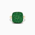 A 14K Yellow Gold Tsavorite Pave Ring with Green Rhodium, featuring a cushion-shaped top set with numerous small green gemstones, is displayed against a white background.