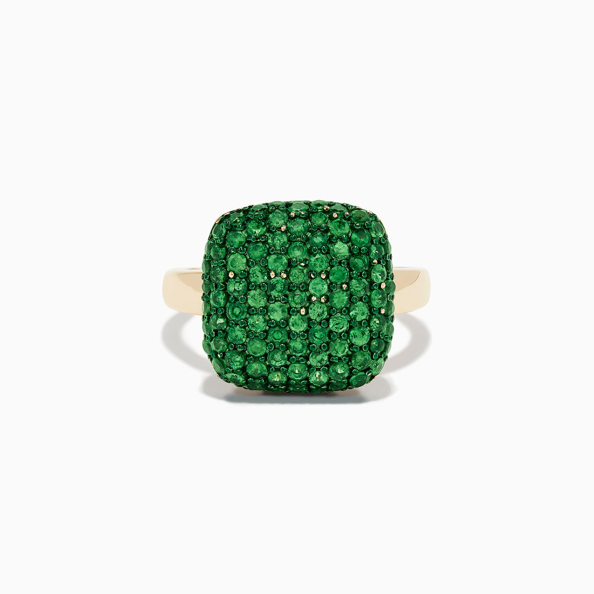 A 14K Yellow Gold Tsavorite Pave Ring with Green Rhodium, featuring a cushion-shaped top set with numerous small green gemstones, is displayed against a white background.
