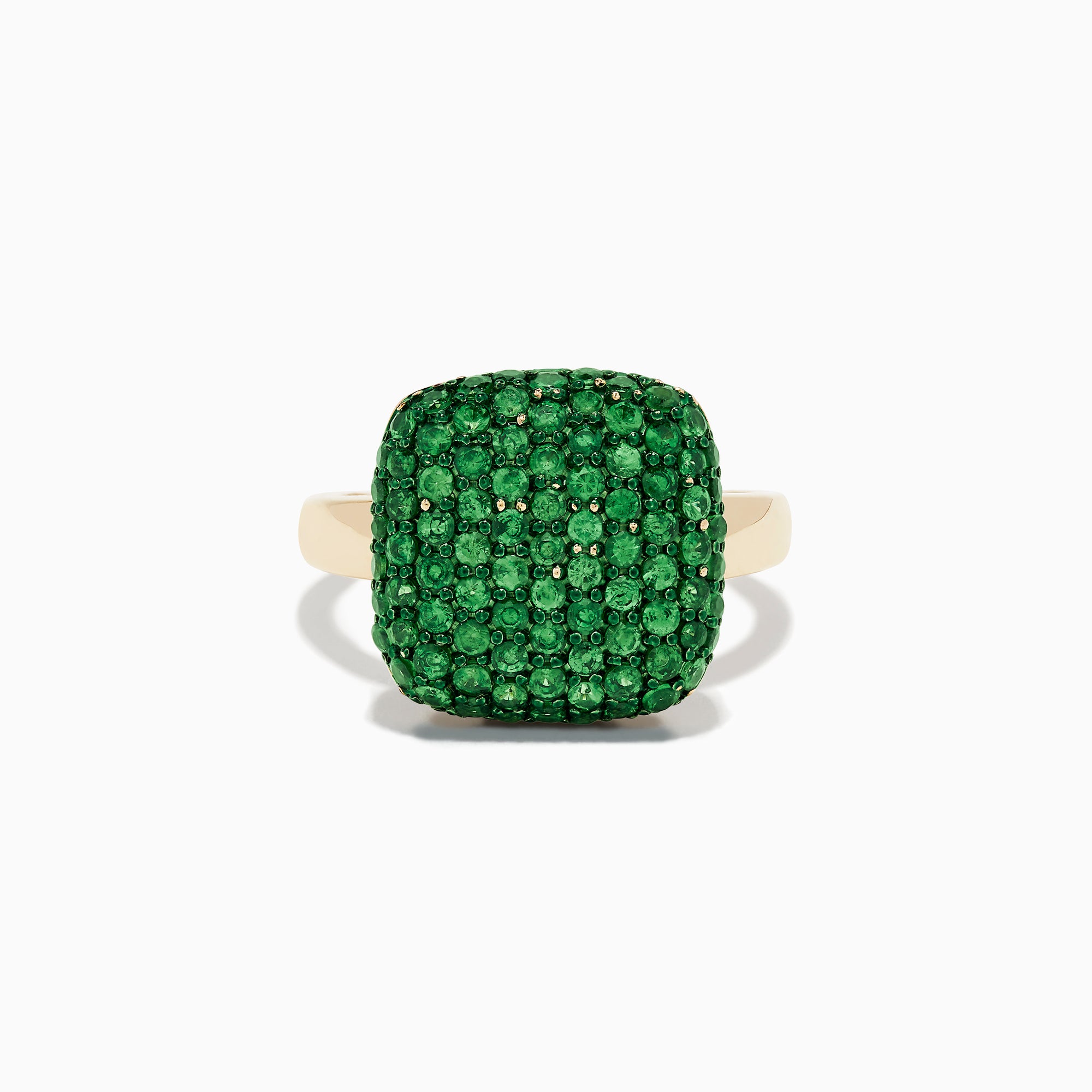 A 14K Yellow Gold Tsavorite Pave Ring with Green Rhodium, featuring a cushion-shaped top set with numerous small green gemstones, is displayed against a white background.