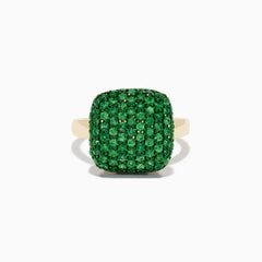 A 14K Yellow Gold Tsavorite Pave Ring with Green Rhodium, featuring a cushion-shaped top set with numerous small green gemstones, is displayed against a white background.