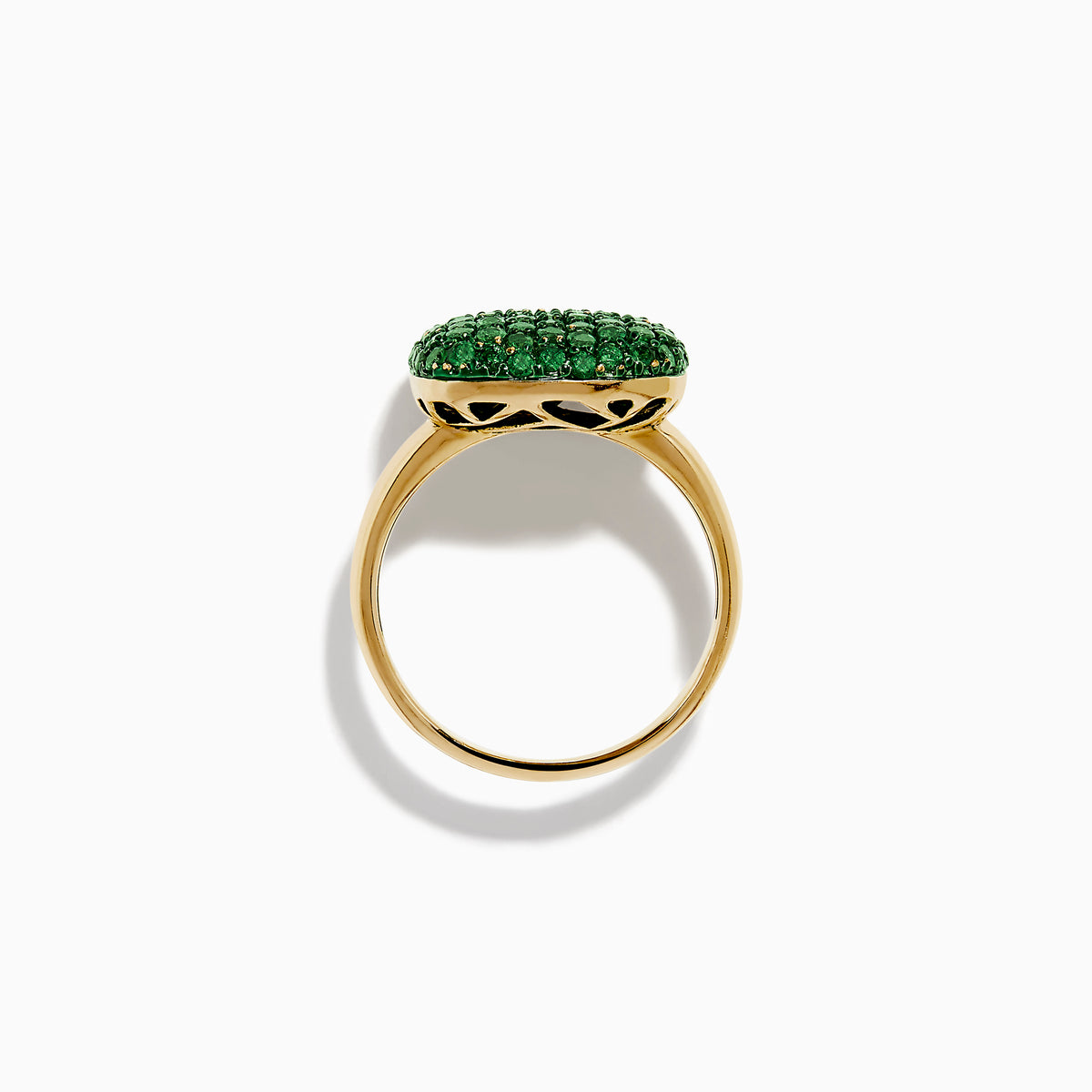 A 14K Yellow Gold Tsavorite Pave Ring with Green Rhodium, featuring a cushion-shaped top set with numerous small green gemstones, is displayed against a white background.