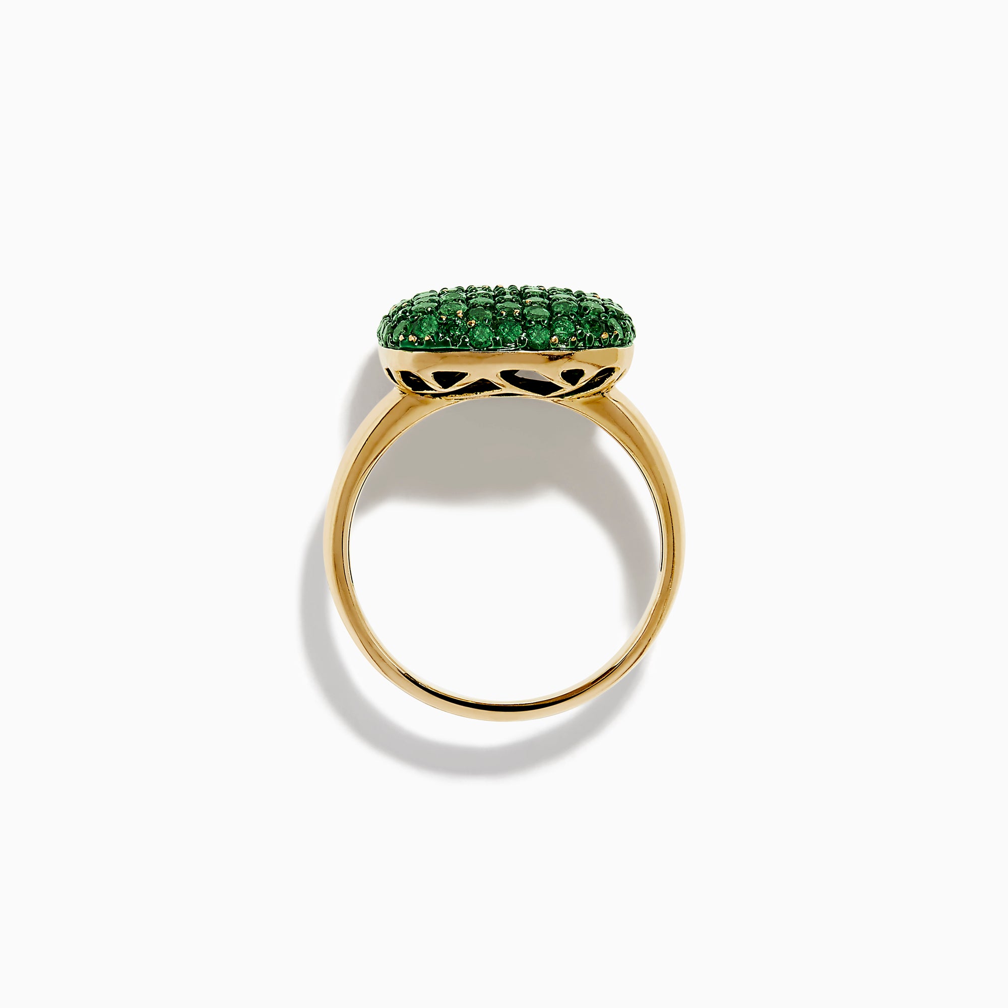 A 14K Yellow Gold Tsavorite Pave Ring with Green Rhodium, featuring a cushion-shaped top set with numerous small green gemstones, is displayed against a white background.