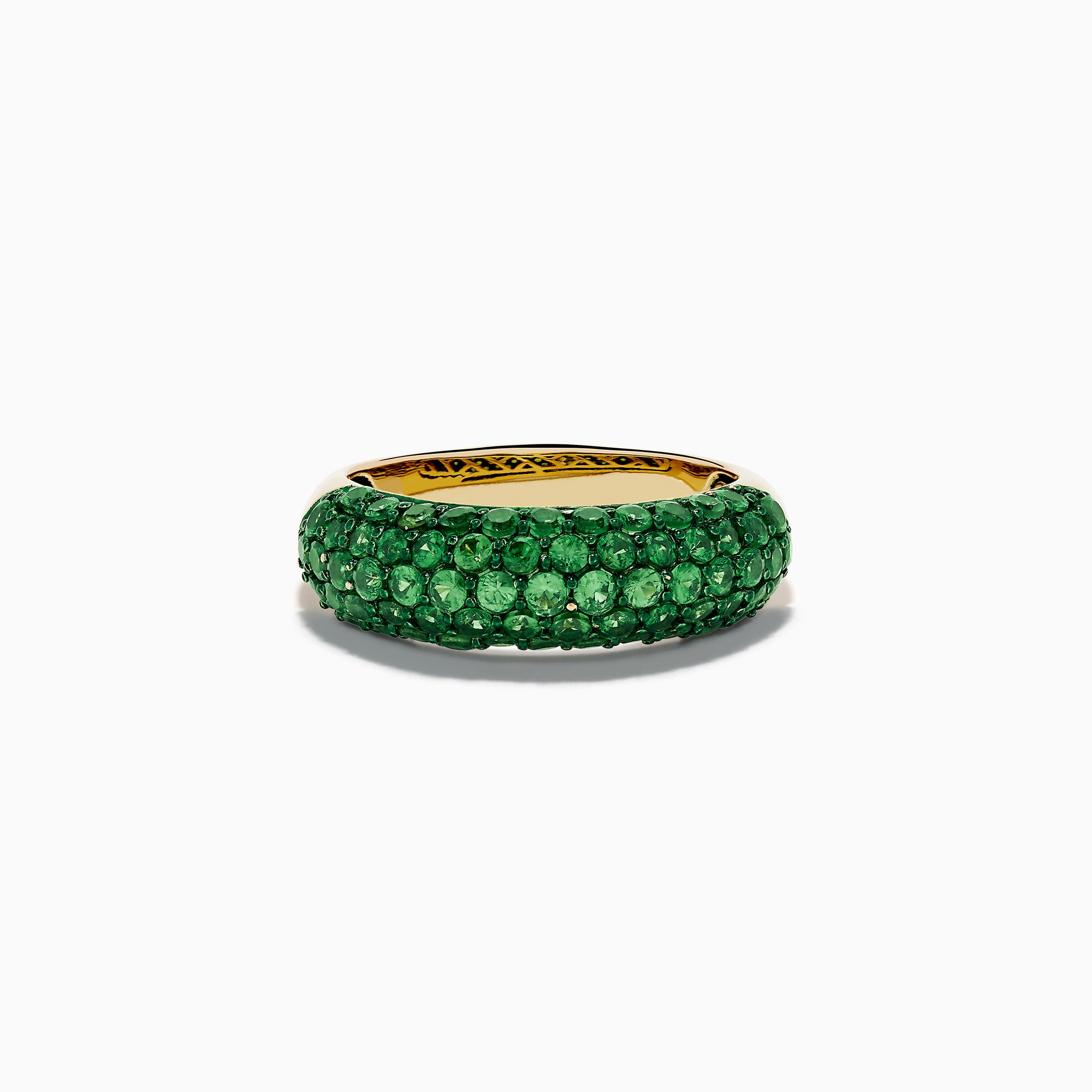 A 14K Yellow Gold Tsavorite Dome Band with Green Rhodium is shown against a plain white background, featuring multiple small, round green gemstones.
