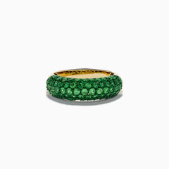 A 14K Yellow Gold Tsavorite Dome Band with Green Rhodium is shown against a plain white background, featuring multiple small, round green gemstones.
