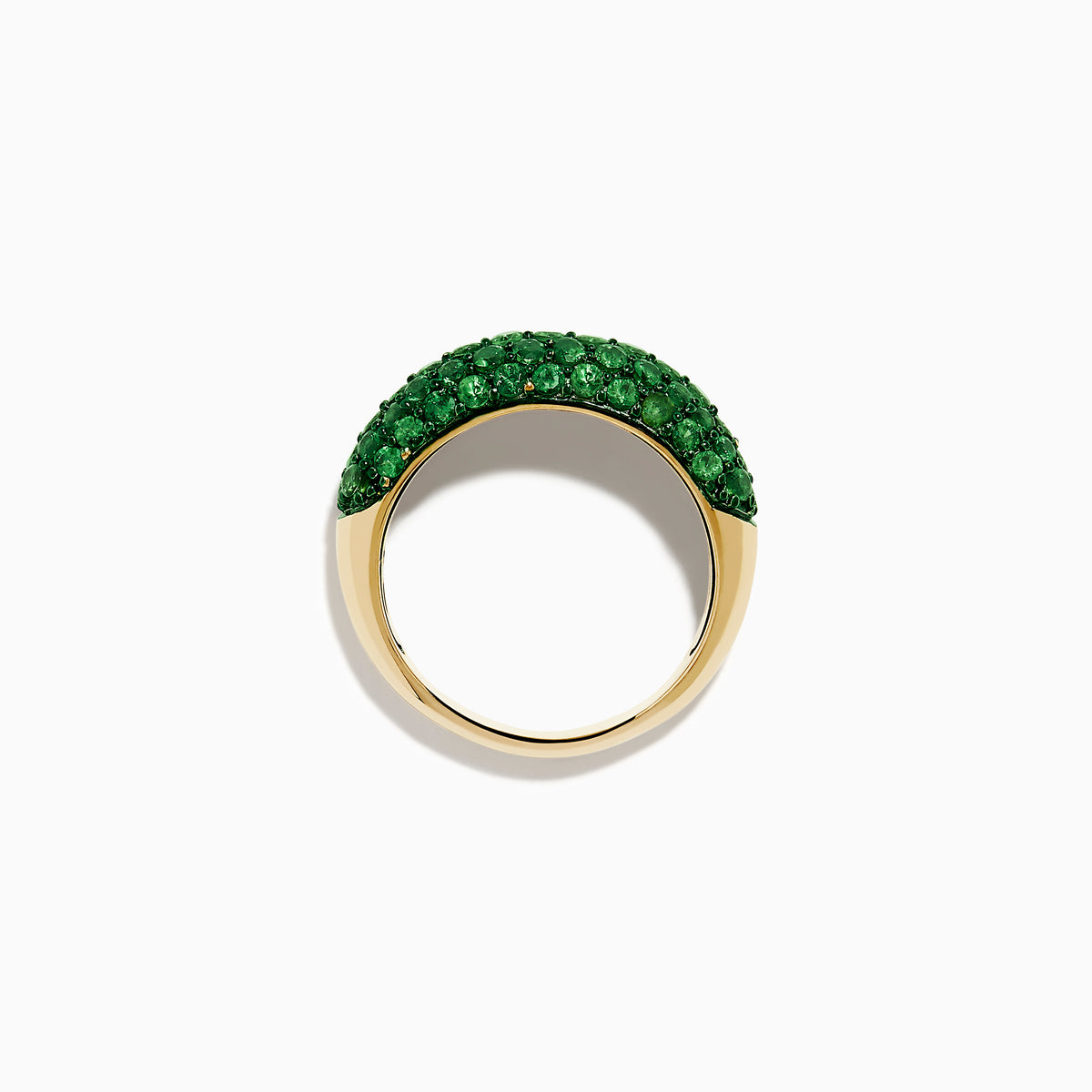 A 14K Yellow Gold Tsavorite Dome Band with Green Rhodium is shown against a plain white background, featuring multiple small, round green gemstones.