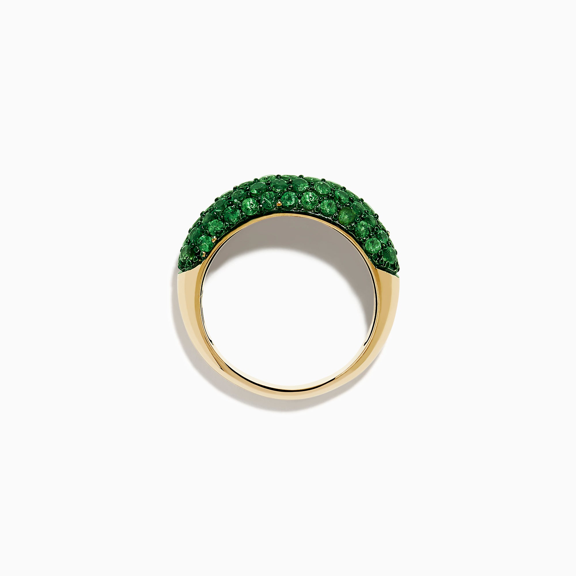 A 14K Yellow Gold Tsavorite Dome Band with Green Rhodium is shown against a plain white background, featuring multiple small, round green gemstones.