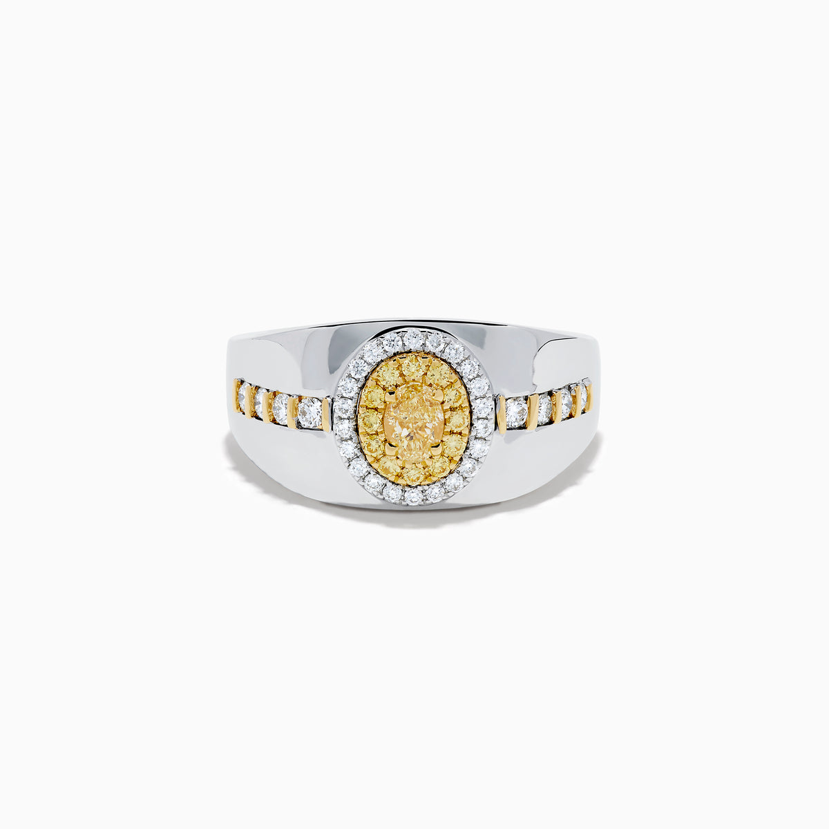 The Men's 18K Two Tone Gold Yellow and White Diamond Signet Ring showcases an oval yellow gemstone at the center, framed by a halo of clear diamonds, with rows of yellow stones along each side of the band.