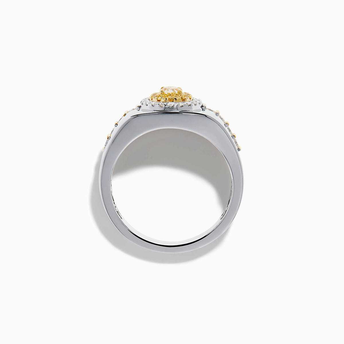 The Men's 18K Two Tone Gold Yellow and White Diamond Signet Ring showcases an oval yellow gemstone at the center, framed by a halo of clear diamonds, with rows of yellow stones along each side of the band.