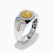 The Men's 18K Two Tone Gold Yellow and White Diamond Signet Ring showcases an oval yellow gemstone at the center, framed by a halo of clear diamonds, with rows of yellow stones along each side of the band.
