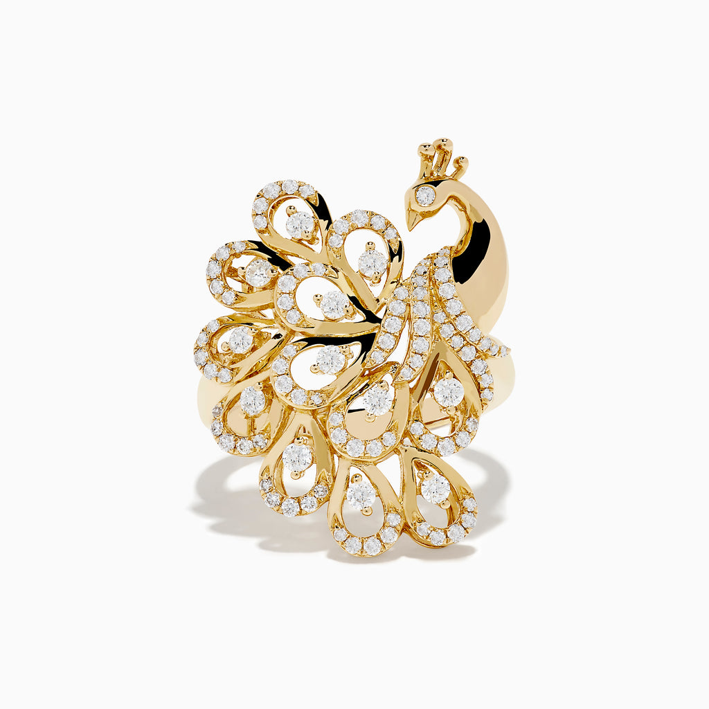The Safari 14K Yellow Gold Diamond Peacock Ring features an intricate peacock design with a diamond-encrusted tail and sparkling accents, elegantly displayed against a plain white background.