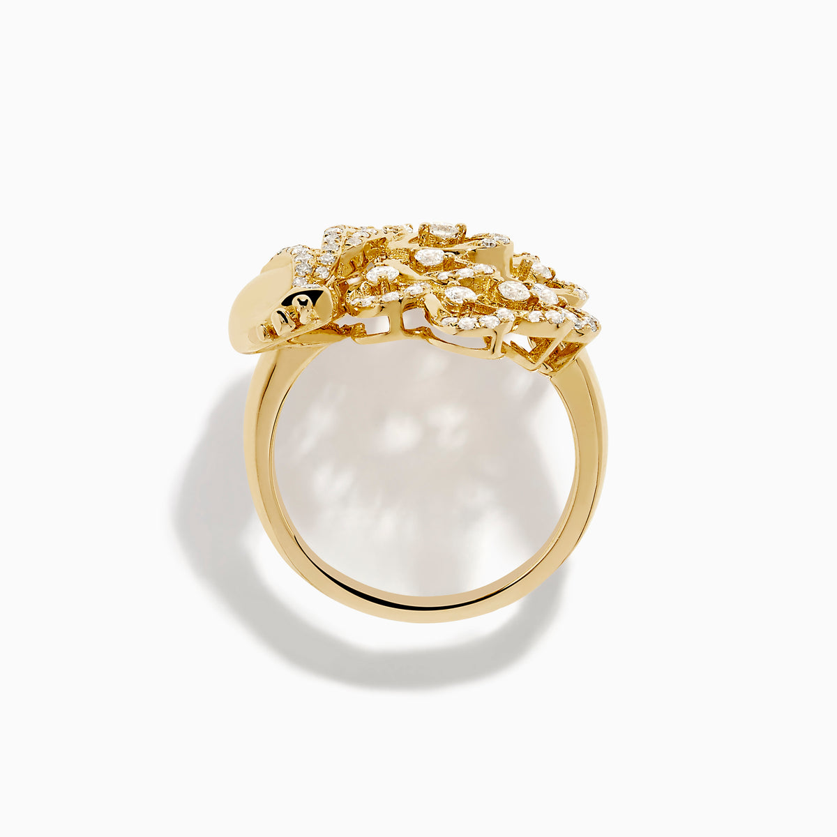 The Safari 14K Yellow Gold Diamond Peacock Ring features an intricate peacock design with a diamond-encrusted tail and sparkling accents, elegantly displayed against a plain white background.
