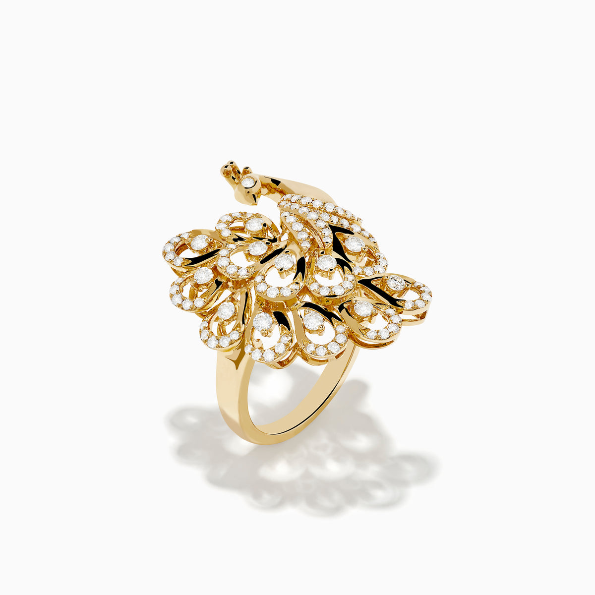 The Safari 14K Yellow Gold Diamond Peacock Ring features an intricate peacock design with a diamond-encrusted tail and sparkling accents, elegantly displayed against a plain white background.