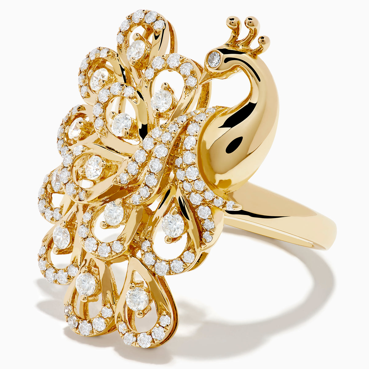 The Safari 14K Yellow Gold Diamond Peacock Ring features an intricate peacock design with a diamond-encrusted tail and sparkling accents, elegantly displayed against a plain white background.