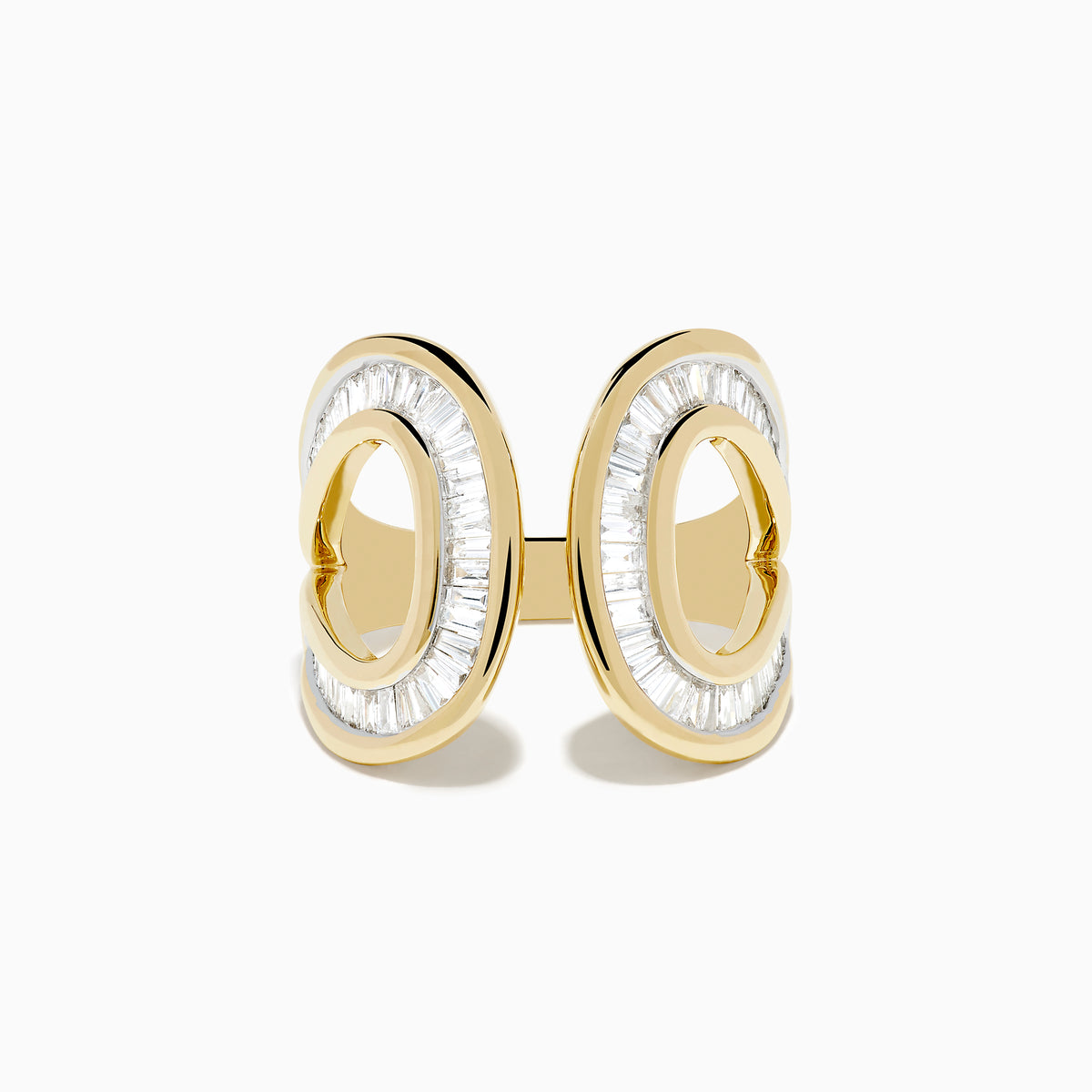 The DOro 14K Yellow Gold Diamond Open Ring features two parallel oval shapes encrusted with diamonds, displayed on a plain white background.