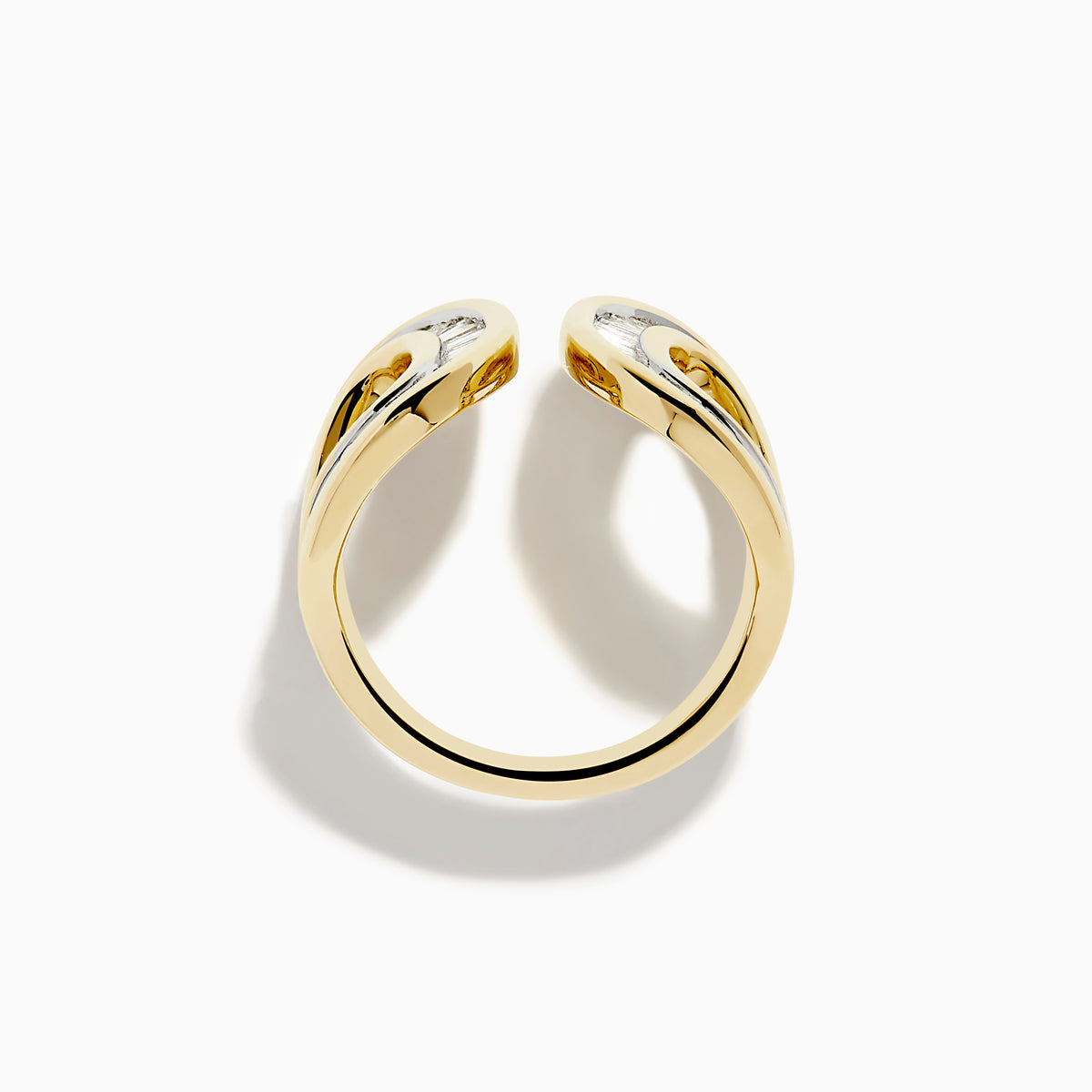 The DOro 14K Yellow Gold Diamond Open Ring features two parallel oval shapes encrusted with diamonds, displayed on a plain white background.